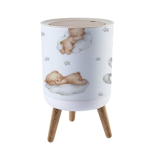 LGCZNWDFHTZ Small Trash Can with Lid for Bathroom Kitchen Office Diaper Seamless Bear Clouds Moon Stars Watercolor Hand Drawn White Bedroom Garbage Trash Bin Dog Proof Waste Basket Cute Decorative
