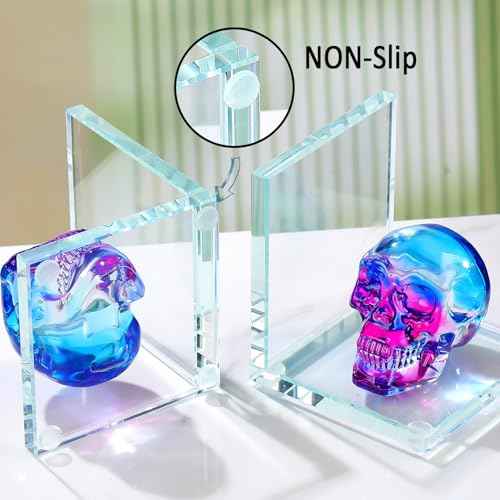 Book Ends for Shelves, Glass Bookends with Blue and Purple Crystal Skull, Day of The Dead Decor, Non Skid Sturdy Crystal Decorative Bookends for Heavy Books, Office, Set of 2