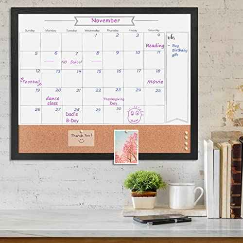 Dry Erase Calendar Whiteboard for Wall, Small Combination Magnetic Dry Erase White Board & Bulletin Board, 17.7" x 21.6" Black Wood Framed Blackboard/Calendar/Cork Combo Board(ZHYL-BK-4555