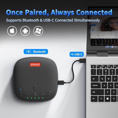 AIRHUG Conference Speaker and Microphone, Bluetooth Speakerphone with 360¡Æ Voice Pickup, Advanced Noise Reduction, USB-C Plug & Play, Compatible with Zoom and MS Team