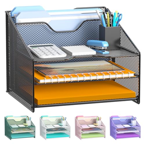 Samstar 1 Pack Black Mesh Desk File Organizer with 3 Sliding Trays & 2 Vertical Sections