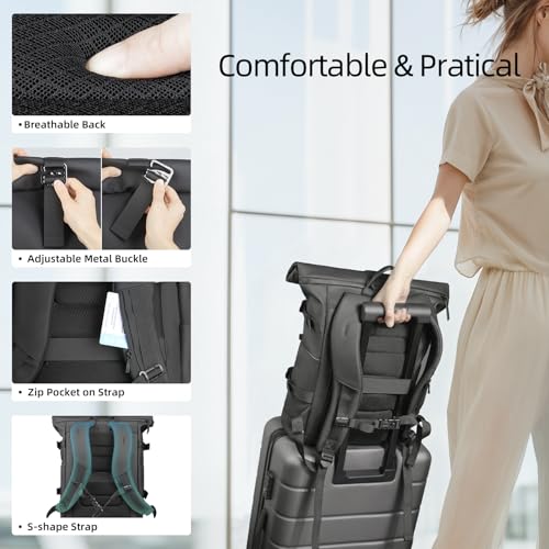 Rolltop Laptop Backpack,Expandable Business Travel Backpack for Men Women,Water-Resistant Casual Daypack with 15.6 Inch Laptop Compartment,19-28L Anti-Theft Computer Work Bag for Commute College-Black