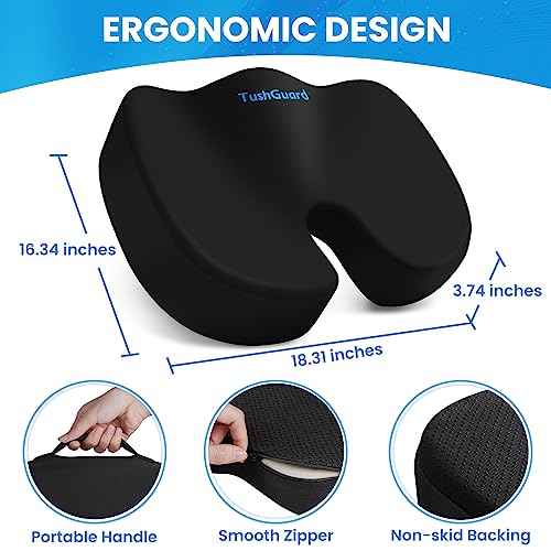 TushGuard Seat Cushion for Office Chair Memory Foam Non-Slip Cushion Back, Relief Chair Pad, Butt Pillow for Office, Car, Computer Desk, Black, X-Large