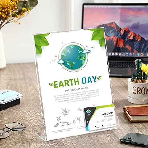 Crtiin 6 Pcs 8.5 x 11 Inch Acrylic Slanted Sign Holder with Business Card Holders Clear Display Stand Flyer Stand with Gift Card Holder for Office Table Advertisement Brochure