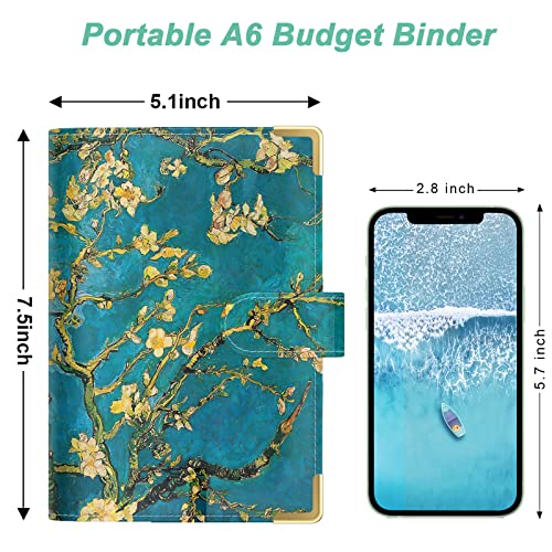 Van Gogh Apricot Tree Budget Binder with Zipper Envelopes - A6 Money Organizer for Savings & Budgeting, Blue Floral PU Leather