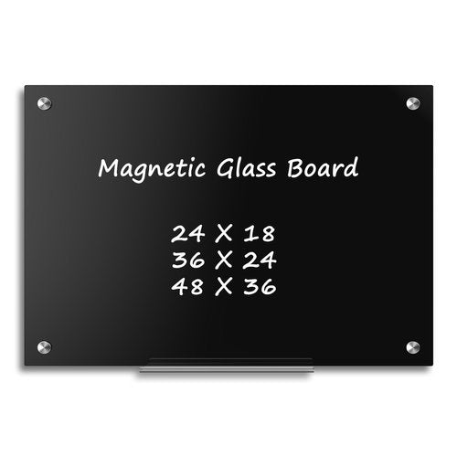 AMUSIGHT Black Dry Erase Board, 24" x 18" Magnetic Large Black Glass Board Frameless Wall Mounted Glass Whiteboard for Office, School & Home with 1 Acrylic Marker Tray & 3 Strong Magnet