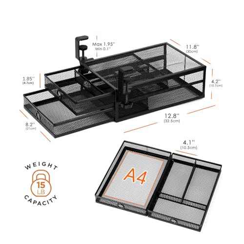 2-Tier Clamp-On Mesh Organizer, Under Desk Storage with Slide-Out Tray, No Drilling Tool-Free Installation, Durable Rust-Resistant Metal, Large-Capacity Organizer.