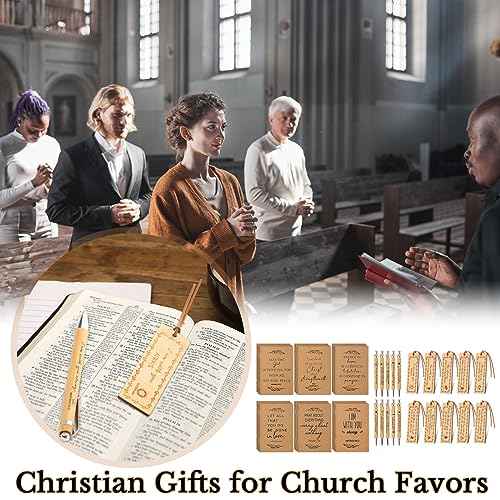 Fuutreo 150 Pcs Christian Gifts Bulk 50 Bible Verse Notebook 50 Bible Bamboo Pen and Religious Bookmarks Christian Notepad Prayer Journal Gifts for Church Men Women Sunday School Teacher Pastor Clergy