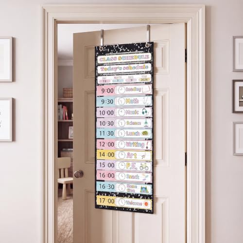 MotiMind Classroom Daily Schedule Pocket Chart with 21 Reusable Cards - Macaron Color / Composition Notebook Variant, 13 x 36 Inches
