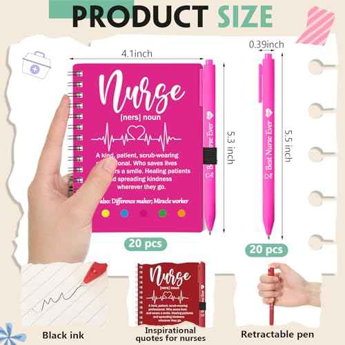 2025 Nurse Appreciation Gifts Bulk Thank You Gift Notebook with Pen in Holder and Sticky Note Notepad Marker Index Tab Inspiring Journal Ballpoint Pen for CNA Week Coworker Doctor(20 Sets)