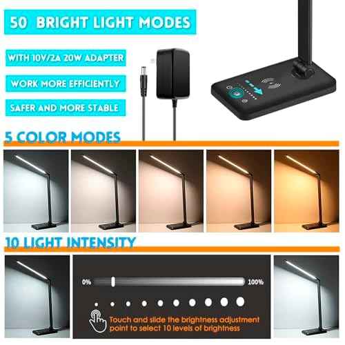 LED Desk Lamp with Wireless Charger, USB Charging Port, 10 Brightness, 5 Color Modes, Desk Lamps for Home Office, Dimmable Table Lamp Eye Caring Reading Light, Touch Control, Auto Timer, Black