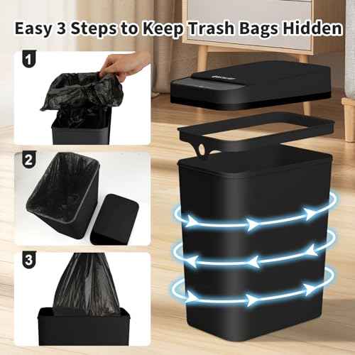 3 Pack Bathroom Trash Can with Lid, 2.5 Gallon Small Slim Trashcan, Automatic Trash Can Touchless, Motion Sensor Waterproof Plastic Trash Bin for Bedroom Kitchen Office Living Room (Black)