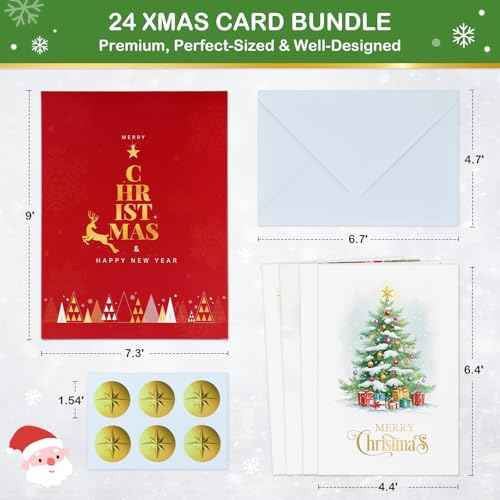 FLYAB Boxed Christmas Cards - 24 Assorted Merry Christmas Cards with Envelopes Gold Foil Holiday Gift Set for Family Friend Business