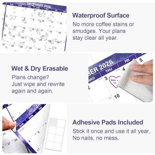 24" x 36" 2026 Wall Calendar Dry Erase - Folded Large Starry Sky Wall Calendar 2026, Wet & Dry Erasable, Laminated 12-Month Annual Yearly Planner, Reversible, Horizontal/Vertical, Purple