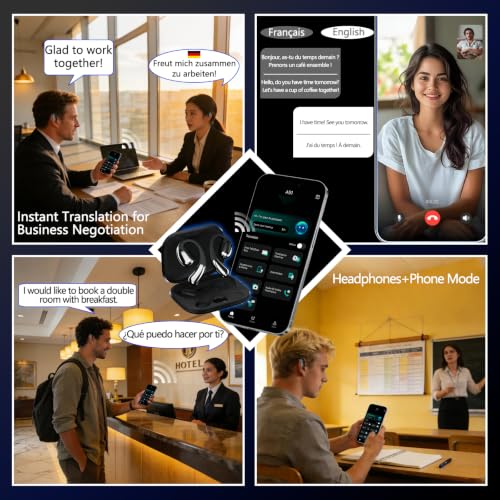 HAAMAANII Black AI Translator Earbuds 165 Languages Real-Time, 13 Offline Packs, IPX5 Waterproof