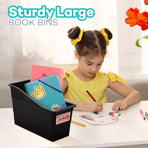 4E's Novelty 6 Durable Book and Binder Holder, Files Book Bins for Classroom, Plastic Vertical Storage Book Organizer Folder Office Classroom Organization Containers Supplies (Black)