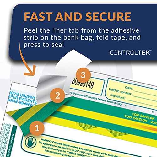 ControlTek SafeLok 12" x 16", Clear, 100 Bags, Tamper-Evident Deposit Bags for Cash Handling & Valuables, Moisture, Heat and Cold Sensitive Ink, Tear-off receipt + Large Barcodes 585093