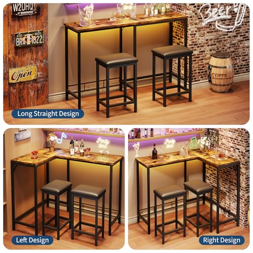 Garvee Rustic 63'' L-Shaped Bar Table 2 Stools Set with Built-in Outlets - Left/Right/Straight Convertible