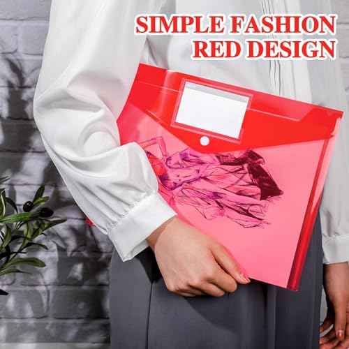Lincia Plastic Envelopes A4 Size Poly Envelopes File Folders Work Document Holder Office Paper Plastic File Organizer with Label Pocket Snap Button Home Bag for School (Clear Red,48 Pcs)