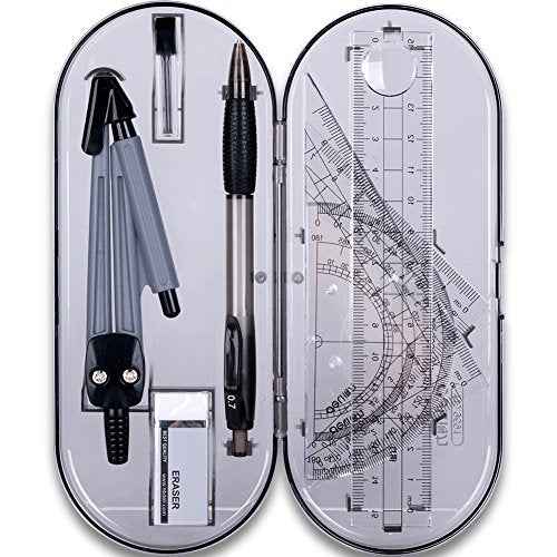 Math Geometry Kit Set 8 Pieces Student Supplies with Shatterproof Storage Box & Reusable Pouch,Includes Rulers,Protractor,Compass,Pencil,Eraser.for Students and Engineering Drawings