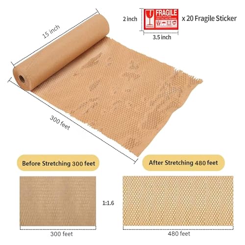 Honeycomb Packing Paper, 15"x300' Eco Friendly Packing Paper for Moving Recyclable Shipping Supplies Bubble Paper Wrapping Protective Roll, With 24 Fragile Sticker Labels