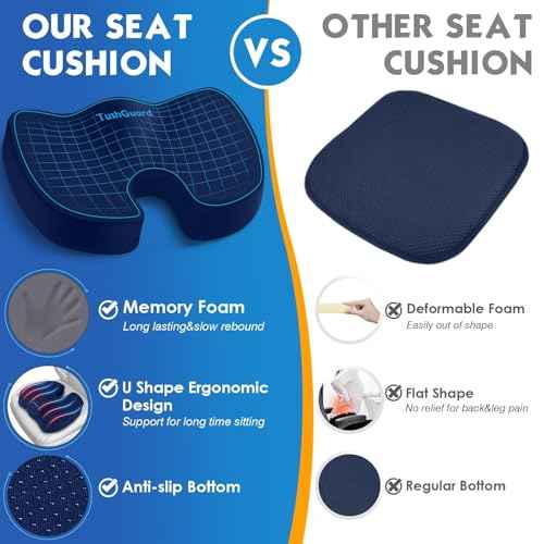 TushGuard Seat Cushion for Office Chair Memory Foam Non-Slip Cushion Back, Coccyx, Sciatica, Tailbone Pain Relief Butt Pillow for Office Chair, Car, Wheelchair, Blue, X-Large