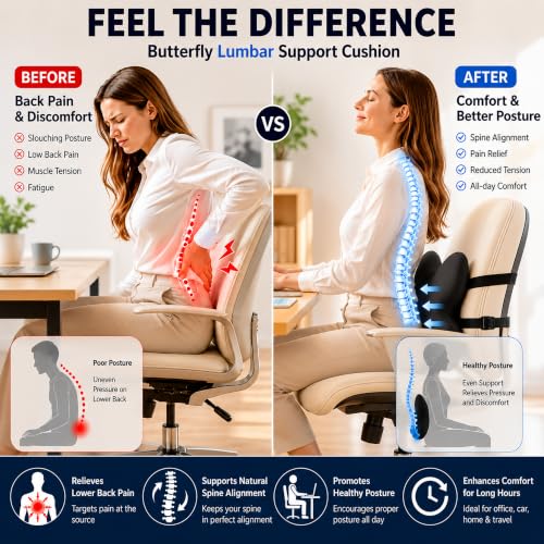 FoKon Memory Foam Lumbar Support Pillow - Black, Ergonomic Back Cushion for Office, Desk, Gaming Chair & Car