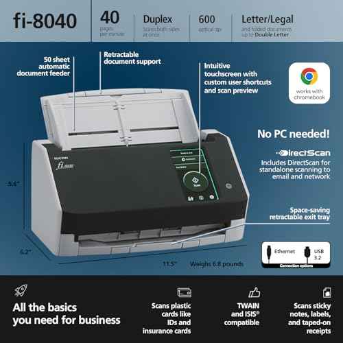 RICOH fi-8040 Fast Front Office & Desktop Document, Receipt, ID Card Scanner with 50 Page Auto Feeder and PC-Less DirectScan Capability