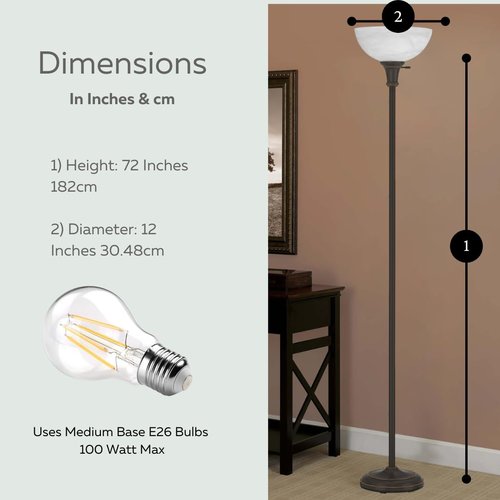 LIGHTACCENTS Bronze Floor Lamp, 72'' Torchiere with Glass Shade, Modern Floor Lamp for Living Room, Bedrooms, Office