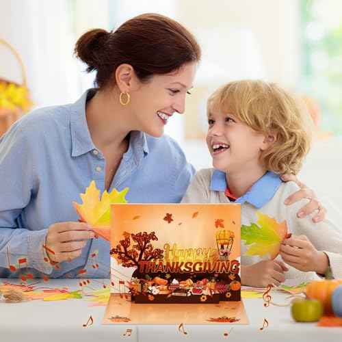 D4DREAM Musical Thanksgiving Card with Light - 3D Fall Pop Up Thanksgiving Cards and Envelopes for Adults Kids Boyfriend Girlfriend Autumn Party Decor