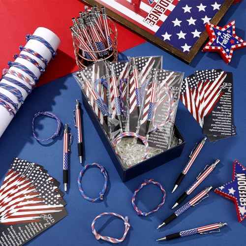 180 Pcs Veterans Day Gifts Bulk American Flag Souvenir Gifts American Flag Ballpoint Pens Rope Bracelets and Star Stripe Bookmarks Remembrance Day for Army Veterans Memorial Heroes Supplies
