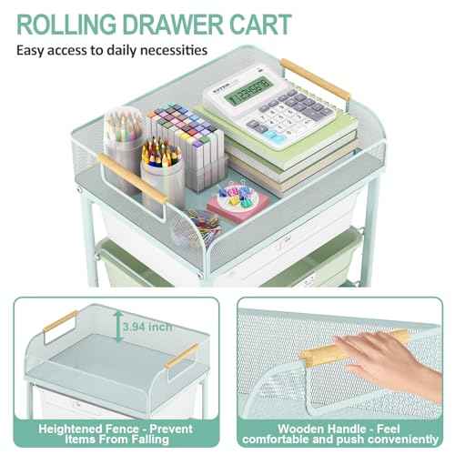 Rolling Utility Storage Cart with 4 Drawers - 4 Tiers Rolling Cart Craft Cart, Storage Drawer Cart Organizer for Craft Room Office Bedroom Classroom with Mesh Top & 4 PCS DIY Lable, Green