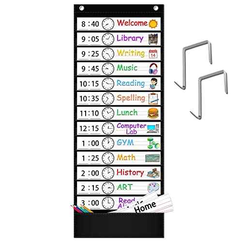Daily Schedule Pocket Chart, 13+1 Pocket Visual Schedule Chart, 18 Double-Sided Blank Reusable Dry-Eraser Cards, Educational Schedule Charts for Classroom Homeschooling Toddlers-Black