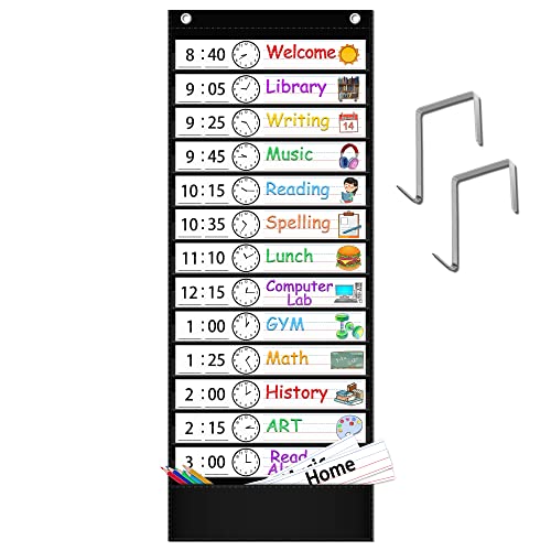 AKAYOK Black Daily Schedule Pocket Chart with 18 Dry-Erase Cards, 13x36in Classroom Organizer