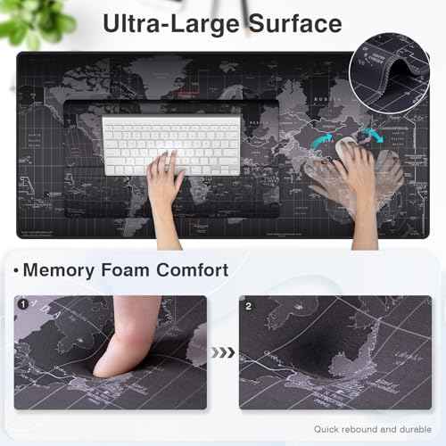 Ospelelf Ergonomic Mouse Pad and Keyboard Stand Wrist Rest Pad Set with Large Mousepad, Memory Foam Comfort, Premium Office Desk Accessories for Pain Relief and Efficiency, Black Map