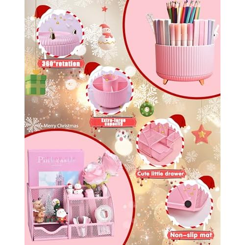 Pink Desk Organizers and Accessories With Mesh Desk Organizer and 360¡ÆRotating Pen Holder and a Lot of Office Pink Office Supplies Beautifully Presented in a Gift Box Christmas Gifts