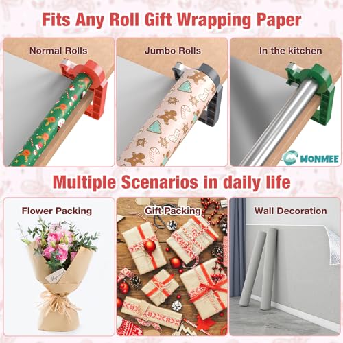 Monmee Christmas Red Tabletop Gift Wrapping Tool with Tape Dispenser 2-Pack – Adjustable Wrapping Paper Clamps