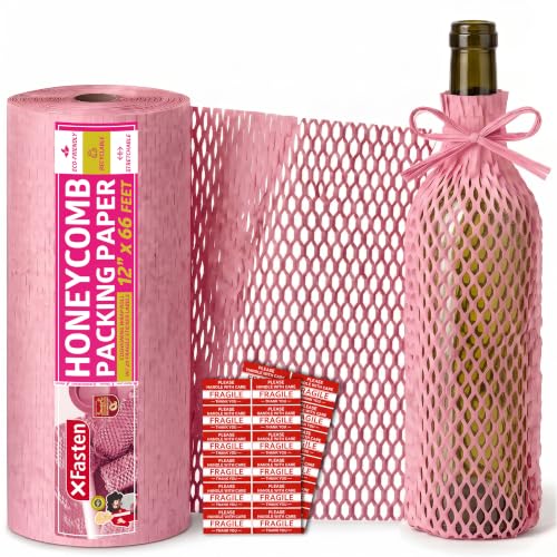 Pink Honeycomb Packing Paper for Moving 12x66 Feet - Cushion Wrap with Fragile Stickers