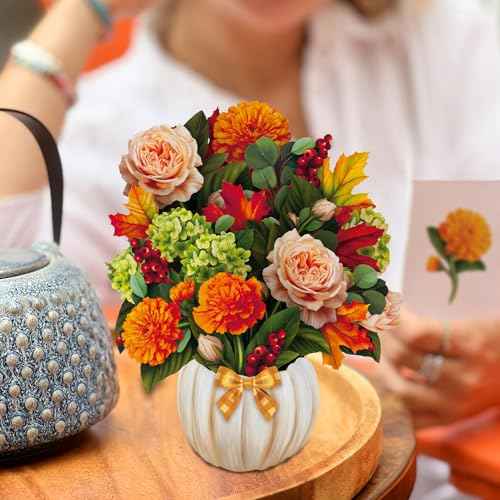 Freshcut Paper Pop Up Cards, Mini Pumpkin Spice, 6 Inch Mini Sized Forever Flower Bouquet 3D Popup Greeting Cards, Autumn Card, Birthday Card, Blank Notecard & Envelope