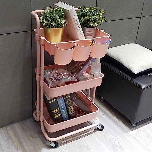 3-Tier Multifunction Rolling Cart Utility Storage Shelves Cart with Hanging Cup Lockable Wheels and Handle for Office Living Room Kitchen Bathroom (Pink)