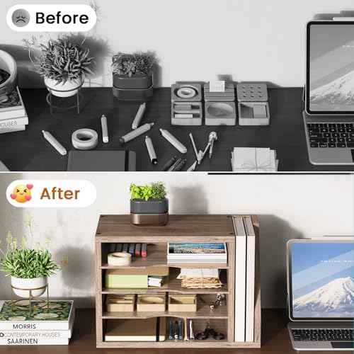File Organizer Desktop, Wood Desk Organizer with 3 Adjustable Shelves, Mail Paper Sorter for Office, Home, File Holders for Envelopes, Mail Supplies or Magazines, Greige