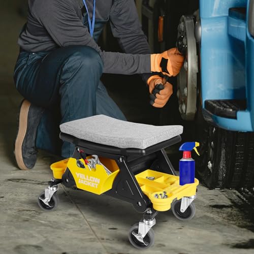 YELLOW JACKET Mechanic Stool with Wheels Rolling Stool Chair 300 lbs Capacity,Garage Mechanics Seat with Two Tool Tray and A Drawer Workshop Creeper Seat for Auto Repair Work