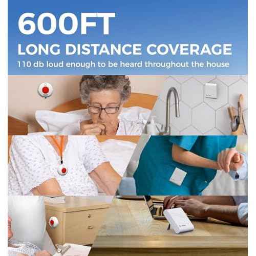 Caregiver Pager Wireless Call Button Elderly Emergency Alert System 600+ Feet for Home/Elderly/Patient/Disabled(2 Portable Receiver+2 Waterproof Transmitter)