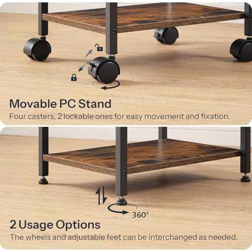 HOOBRO PC Stand, 2-Tier PC Tower Stand Fits Most Computer Towers, CPU Holder for Floor, Height Adjustable, CPU Stand with Wheels Under Desk, for Home Office, Rustic Brown and Black BF11CJ01
