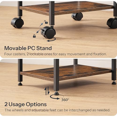 HOOBRO CPU Stand 2-Tier On-Wheels, Height-Adjustable Floor PC Tower Holder in Rustic Brown/Black