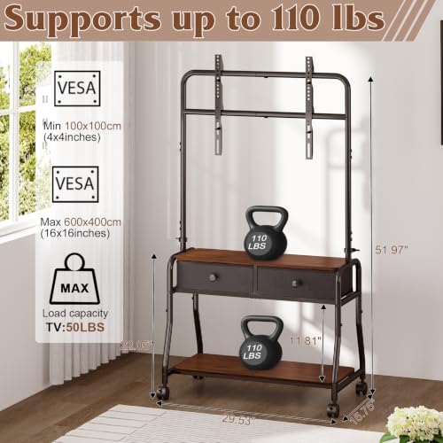 Rolling TV Stand with Mount for 32–65 Inch TVs – Mobile TV Cart with Wheels, Adjustable Height, Storage Shelf & Drawer