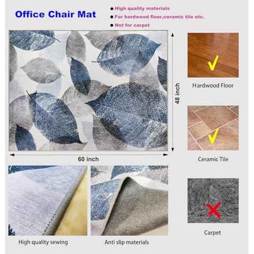 Office Chair Mat for Hardwood Floor & Low-Pile Carpet,60¡°*48¡±Highly Premium Quality Under Desk Mat, Desk Chair Mat for Carpet - 3.86lbs Anti-Slip Carpet Chair Mats Blue Leaf