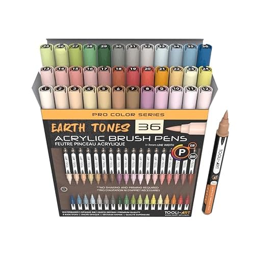 36 Flexible Brush Tip Earth Tones Acrylic Paint Pens Markers Set 1-7mm Line for Rock Painting, Brush Lettering, Glass, Mugs, Wood, Metal, Canvas, Fabric, Plastic. Non Toxic Waterbased Quick Drying