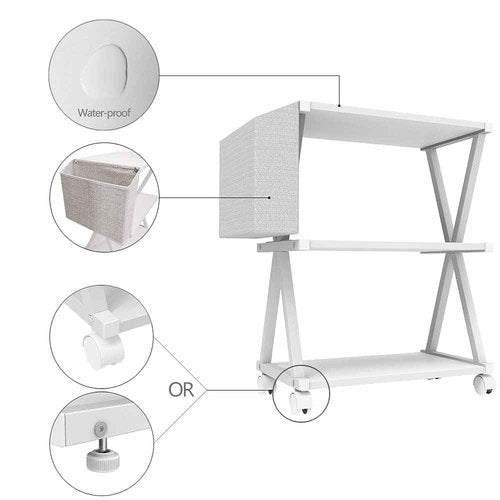 VEDECASA White Mobile Printer Stand 3 Tier Wood Shelf Metal Frame Printer Cart with Storage Bag for Home Office Modern Under Desk Table Side Printer Cart with Rolling Caster Wheel