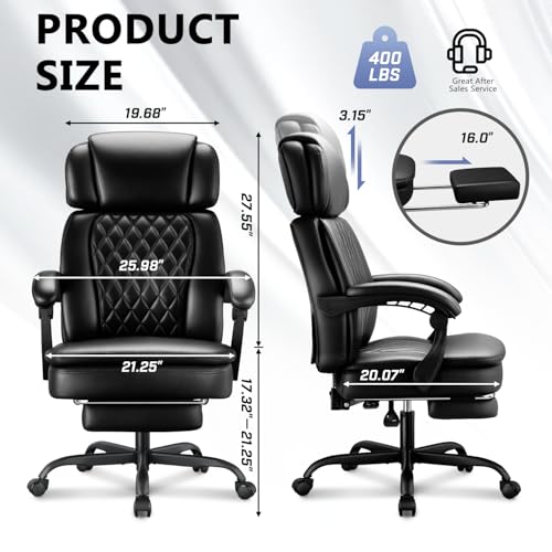 WAILOR 400lbs Executive Office Chair with Foot Rest - Black, Ergonomic Big & Tall PU Leather Chair